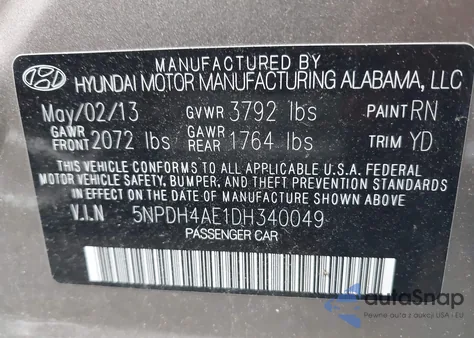 2013 Hyundai Elantra Gls z USA, uszkodzony, nr VIN 5NPDH4AE1DH340049